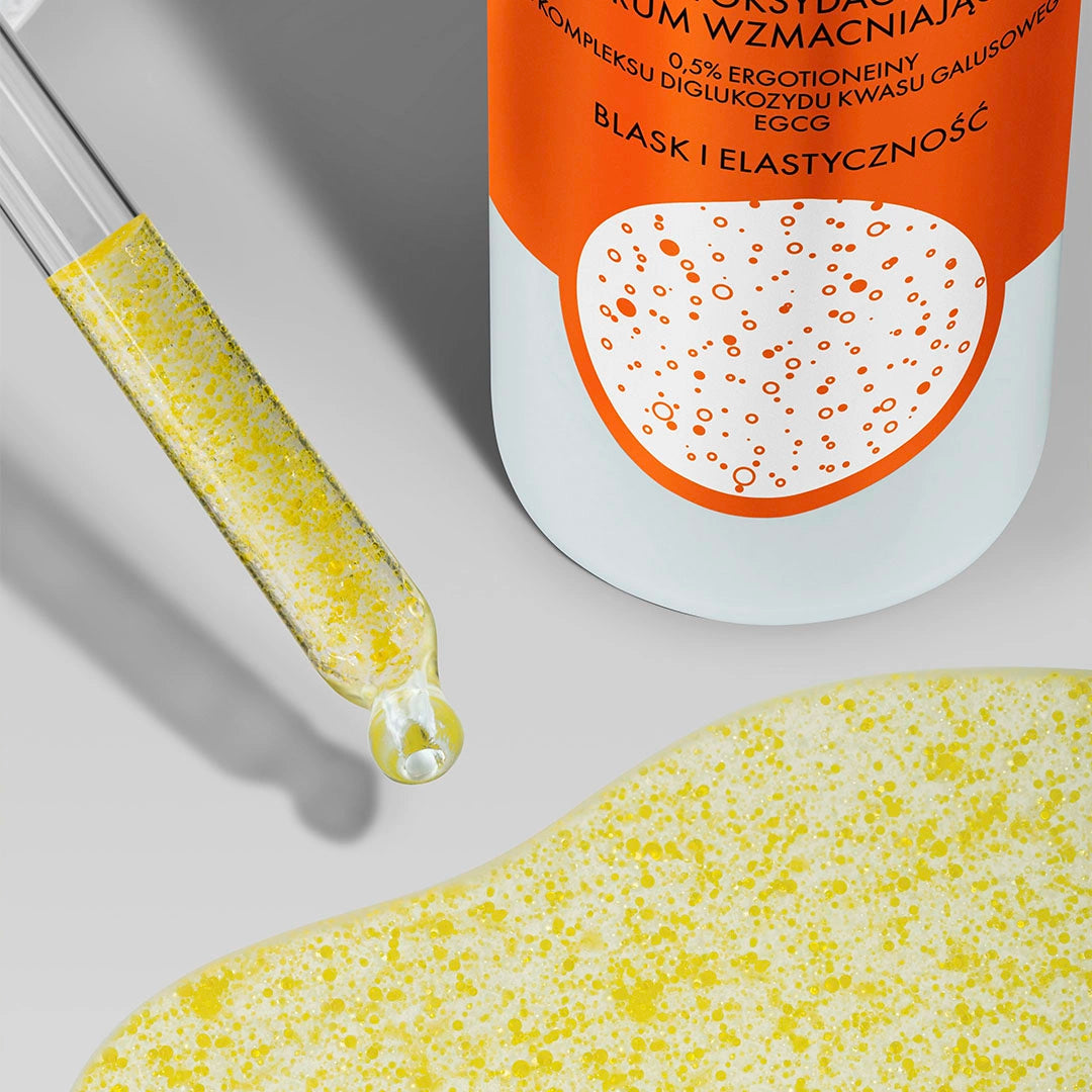 Antyoksydacyjne serum wzmacniające 0,5% ergotioneiny, 5% kompleksu diglukozydu kwasu galusowego, EGCG, Blask i Elastyczność
