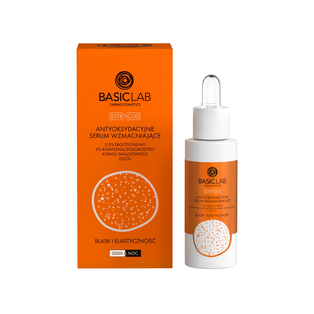 Antyoksydacyjne serum wzmacniające 0,5% ergotioneiny, 5% kompleksu diglukozydu kwasu galusowego, EGCG, Blask i Elastyczność