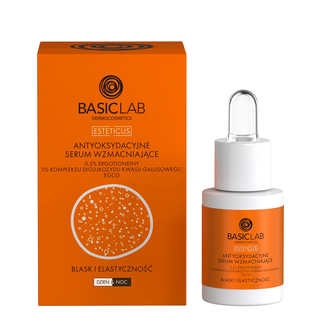 Antyoksydacyjne serum wzmacniające 0,5% ergotioneiny, 5% kompleksu diglukozydu kwasu galusowego, EGCG, Blask i Elastyczność